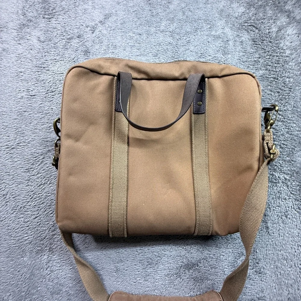 Lands' End Waxed Canvas Laptop Briefcase Bag Zip Close Crossbody Tan Leather